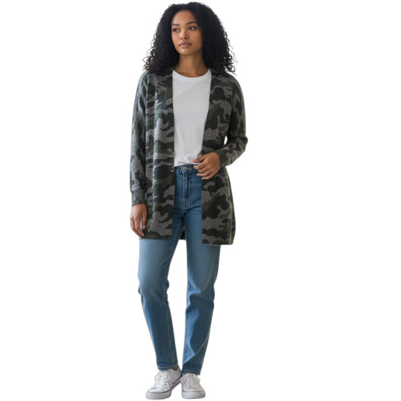 Magaschoni 100% Cashmere Cardigan Women's Medium Gray Green Camo Acubi Sweater - Picture 1 of 10